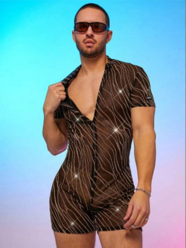 Men's Metallic Mesh Sheer Catsuit Lounge Romper